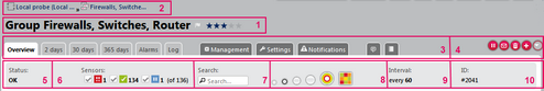 PRTG Page Header Bar with Heading, Tabs, Group Status Icons, and Device Tree View Selection